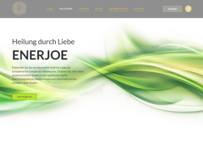 Screenshot der Website von Enerjoe, Reikimeister aus München, mit grüner stilisierter Wellenform im Hintergrund