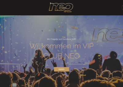 Screenshot vom NEO-VIPCLUB mit Party im Nachtclub, goldenem NEO-Logo und Buchungsbutton für Tickets